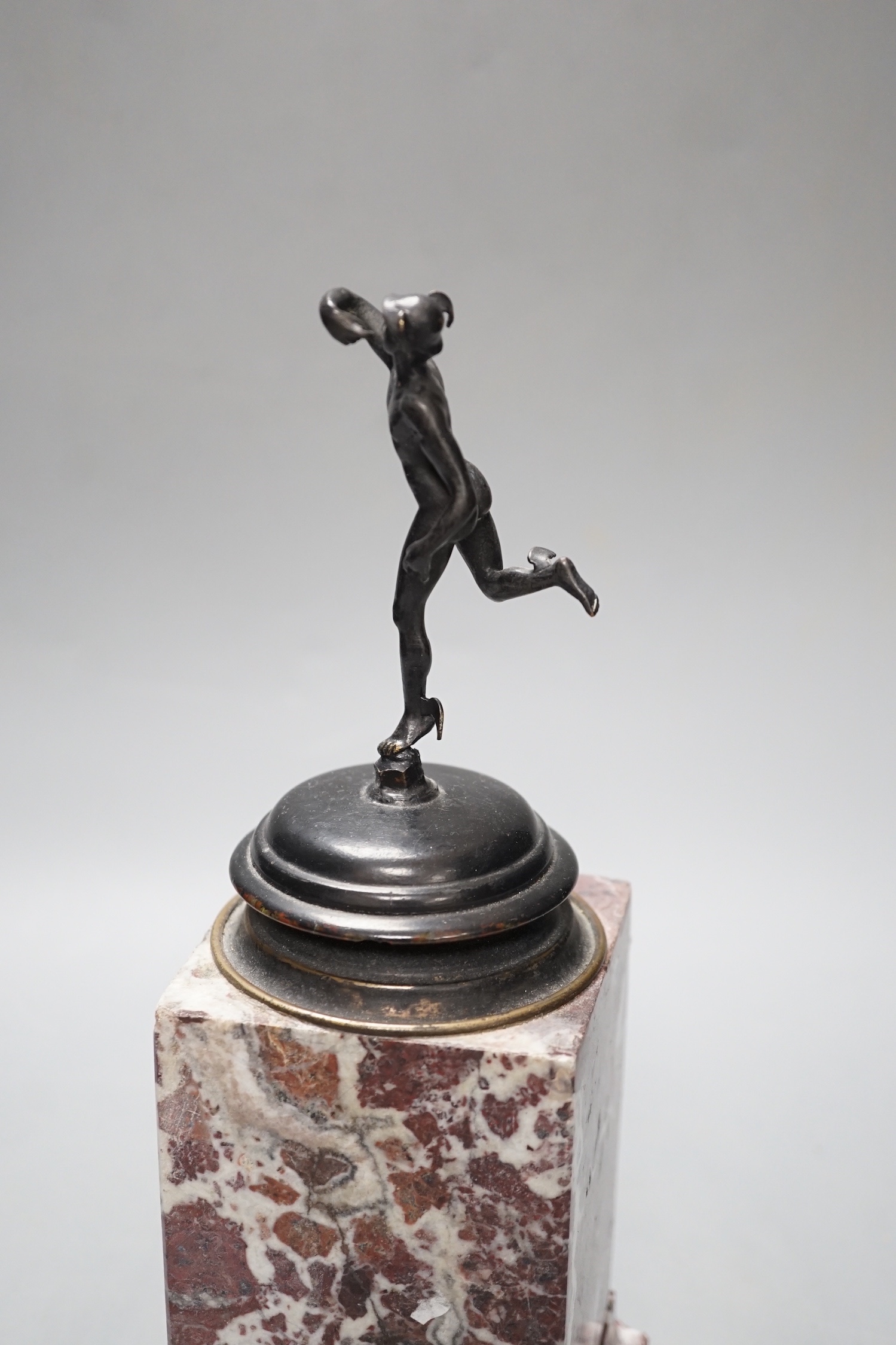 A 19th century bronze figure of Hermes on a marble pedestal, 26cm
